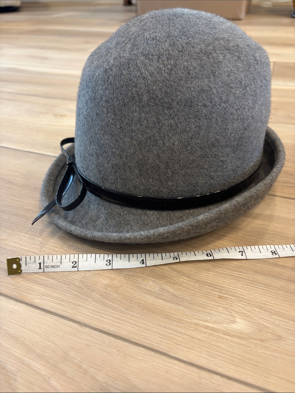 Vintage 100% Gray Wool Bowler Hat with Patent Trim